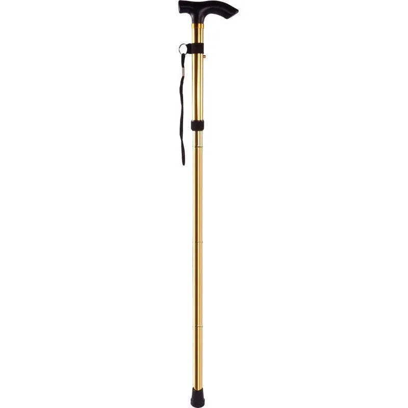 Aluminium alloy folding walking cane extended and folded, showing adjustable length and non-slip handle.