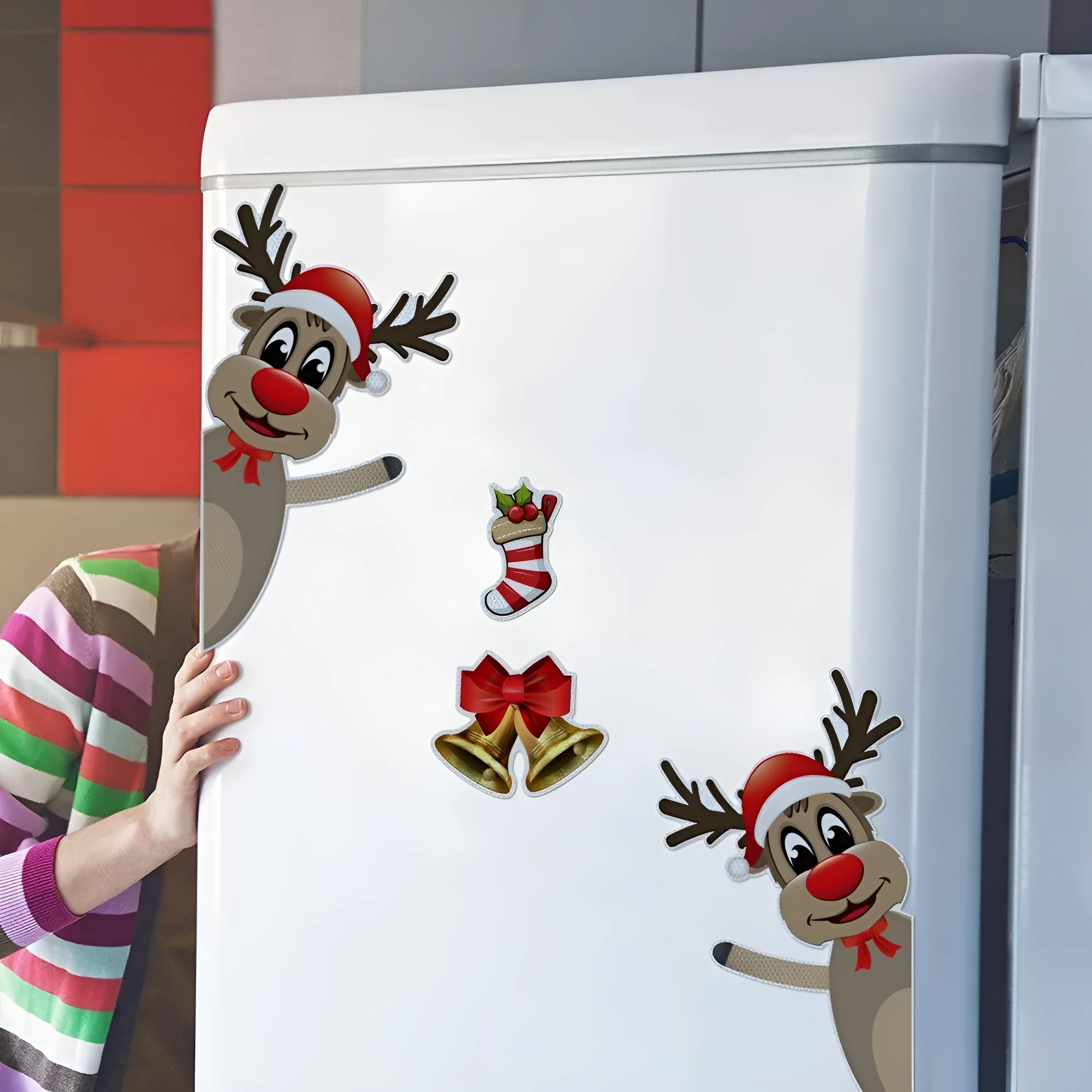 Cartoon-style Christmas elk bell magnetic bumper stickers with reflective luminous finish