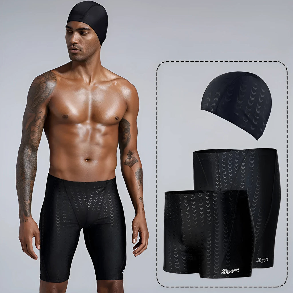Men's solid colour swimming trunks in waterproof polyester fabric available in larger sizes