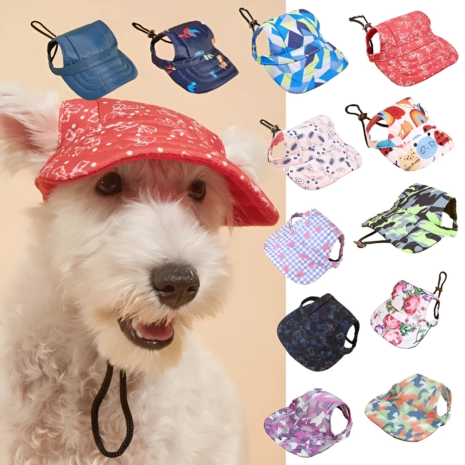 Pet baseball cap in plaid pattern on canvas, featuring a brim for sunshade, with adjustable sizing from S to XL for dogs and cats