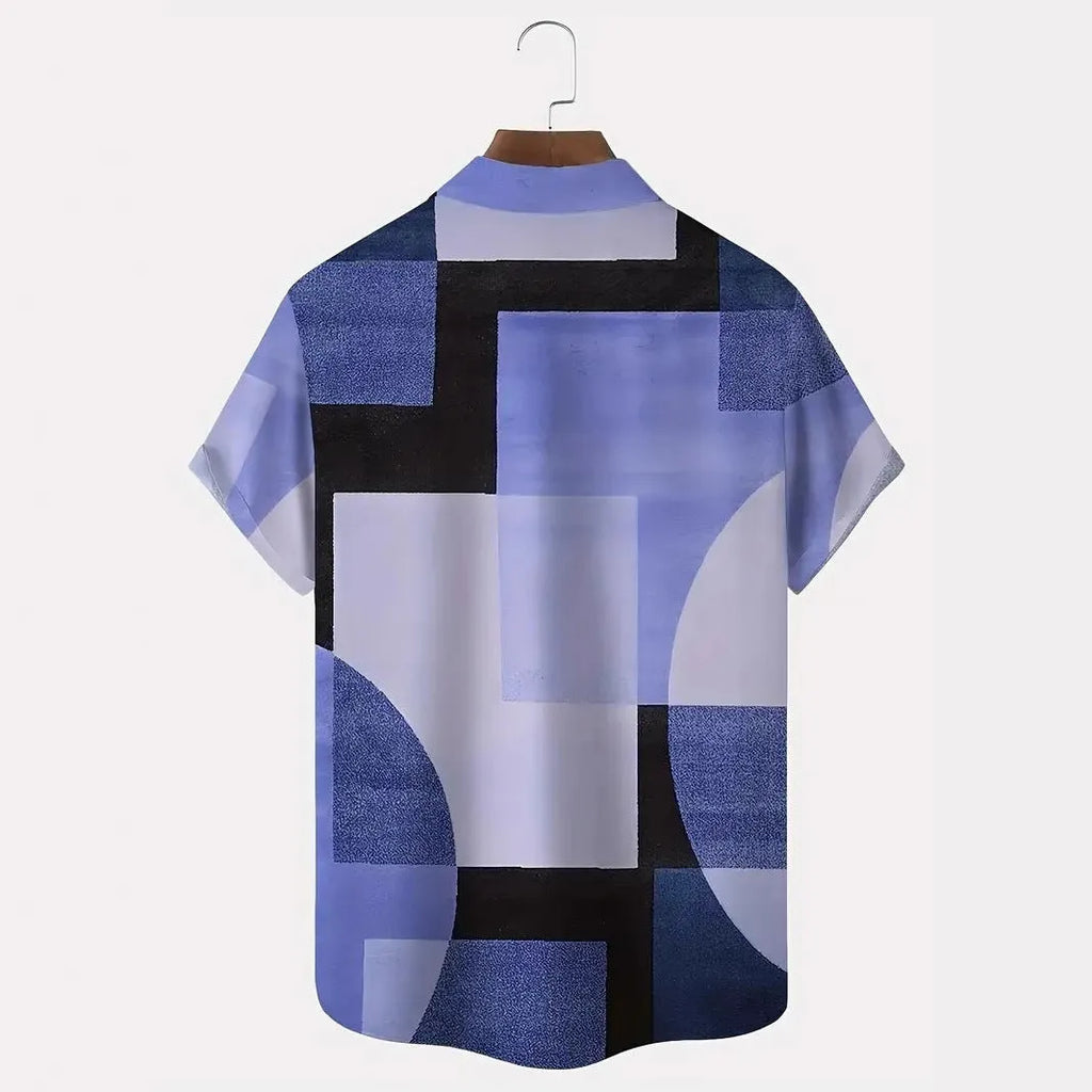 Men's loose cardigan shirt with retro geometric contrast colour 3D print on elastic polyester fabric