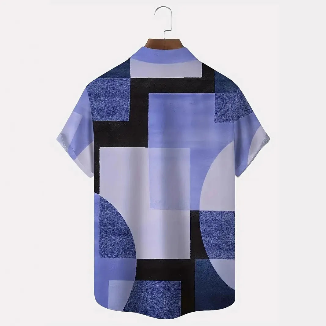 Men's loose cardigan shirt with retro geometric contrast colour 3D print on elastic polyester fabric