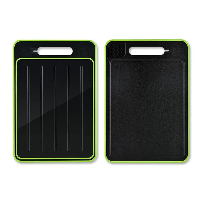 Grey square aluminium cutting board with double-sided design showing thawing surface and integrated knife sharpener