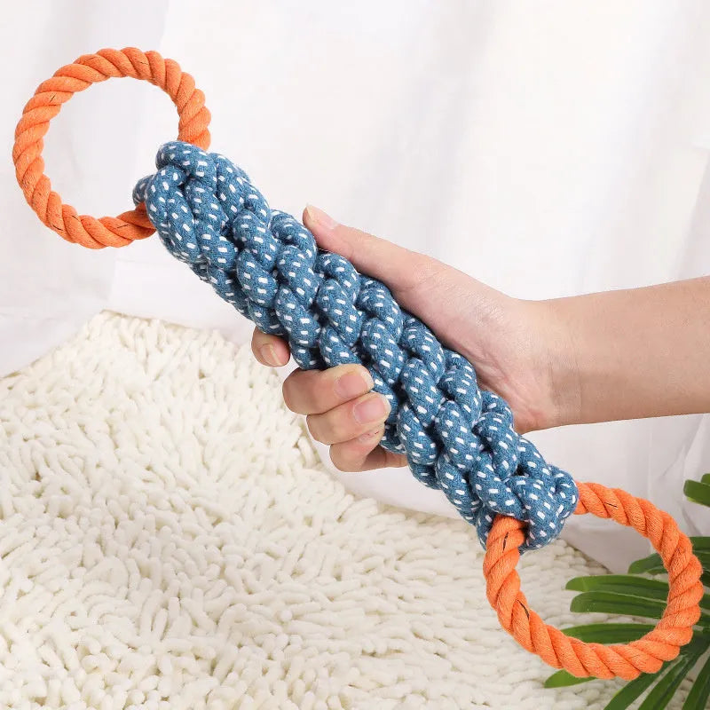 Blue cotton knot rope dog chew toy with double-ring braided bone design