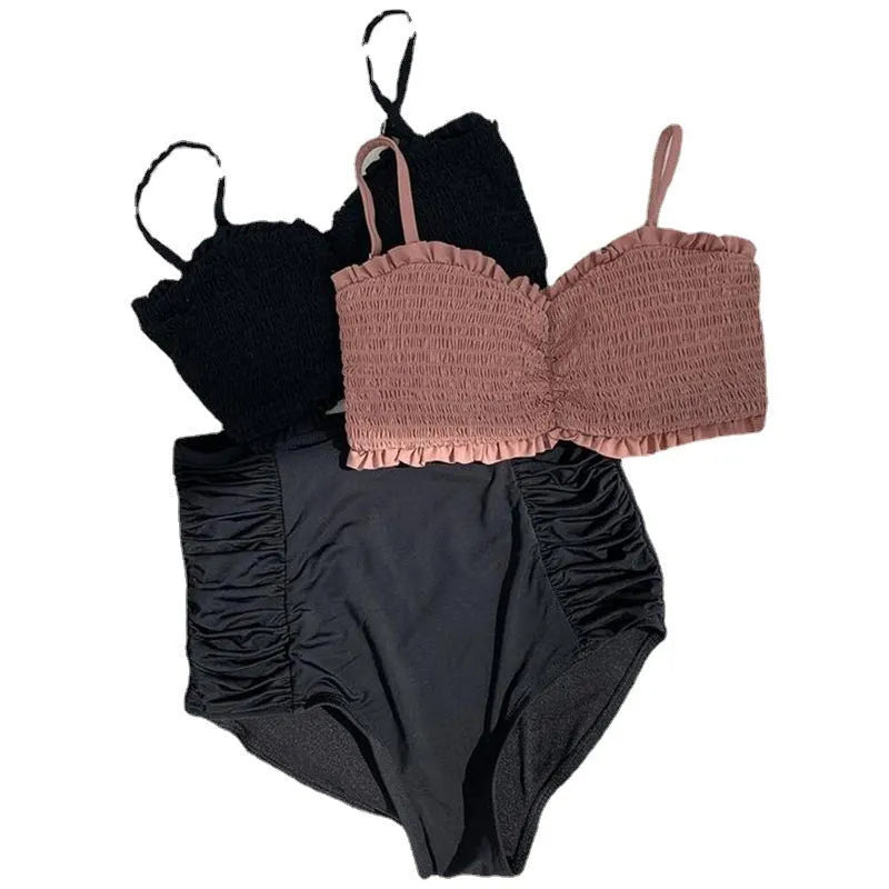 Women's retro high waist split bikini in cameo brown colour with briefs bottom style