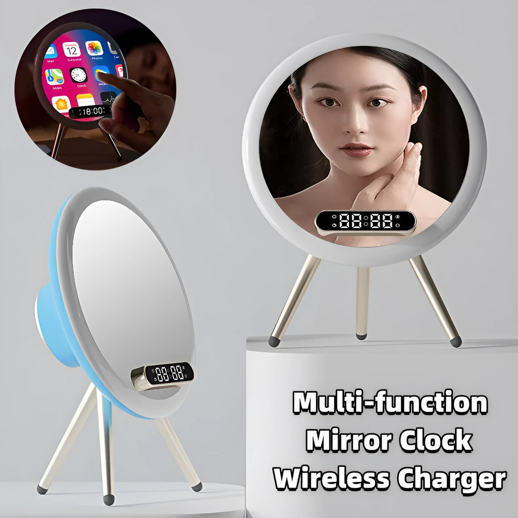 Multi-function LED mirror alarm clock with wireless charger and Bluetooth speaker in white colour on wooden desk