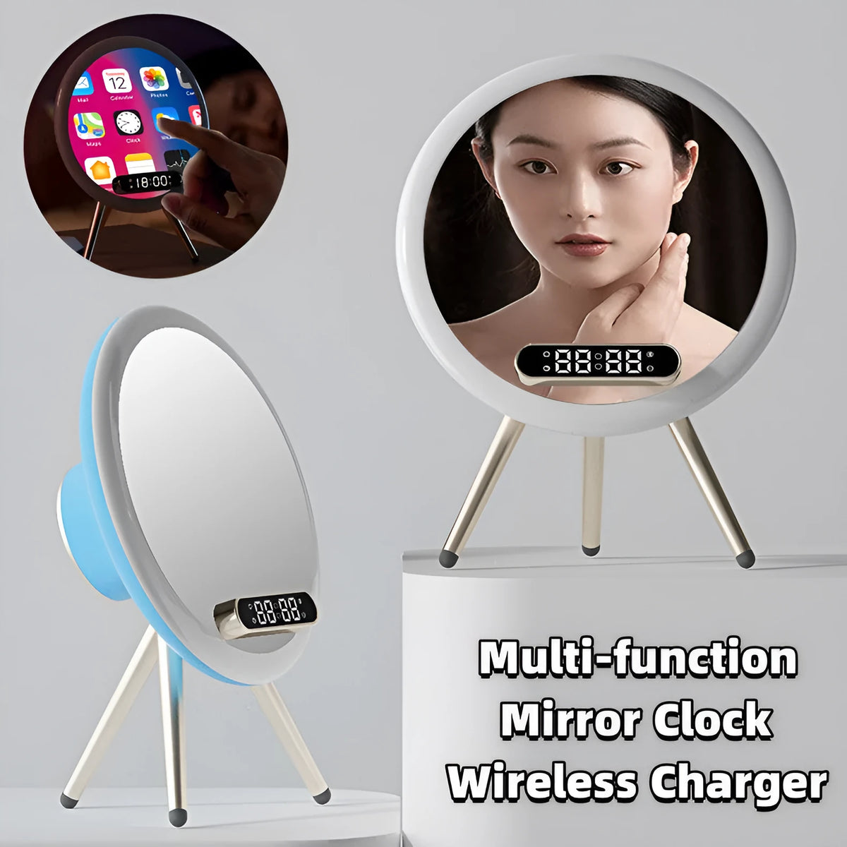 Multi-function LED mirror alarm clock with wireless charger and Bluetooth speaker in white colour on wooden desk
