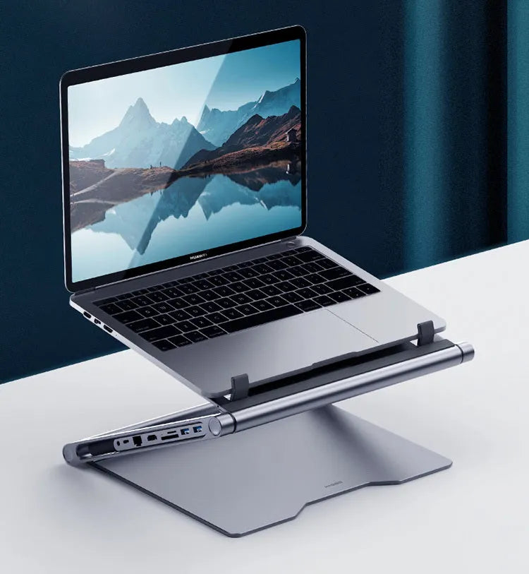 NBS01 aluminium alloy laptop stand with 8-in-1 docking station in deep space grey