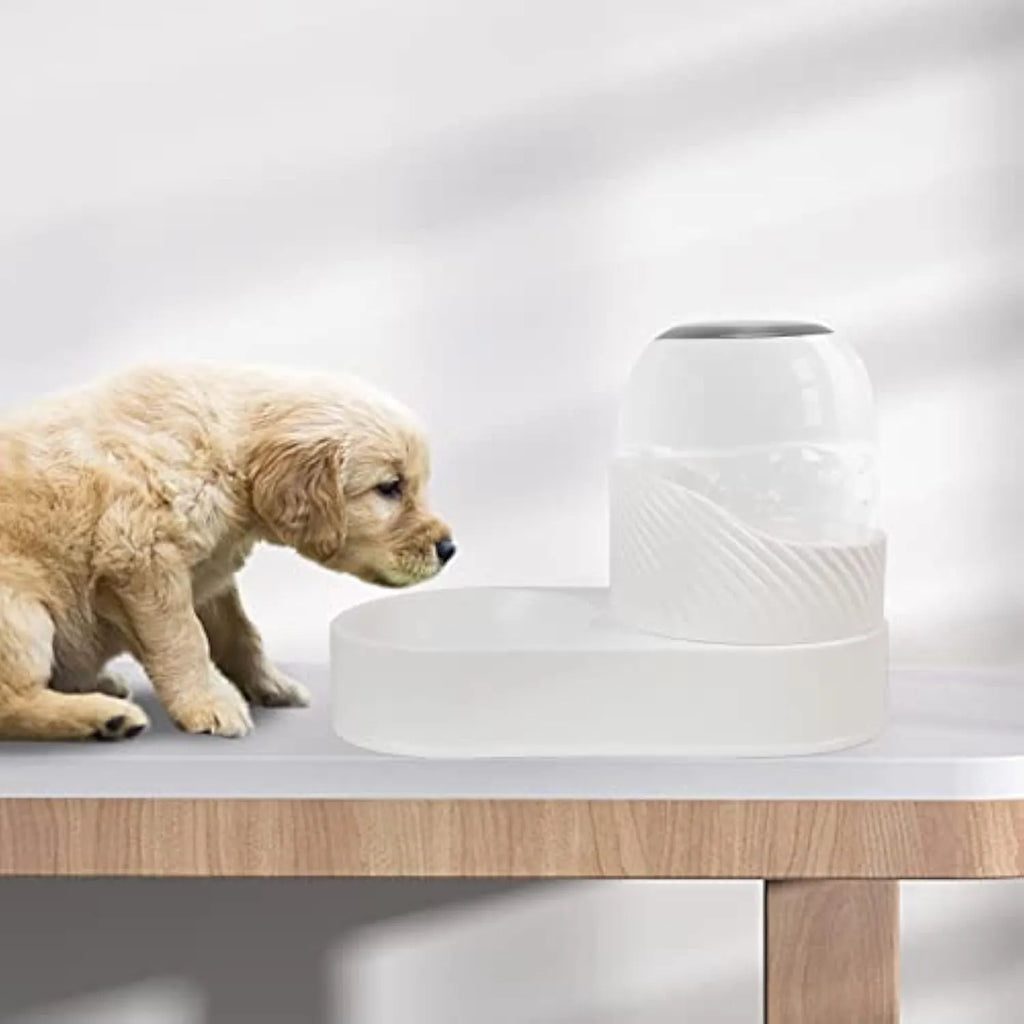 Pure white gravity cat feeder and water dispenser set with wave-shaped shell.