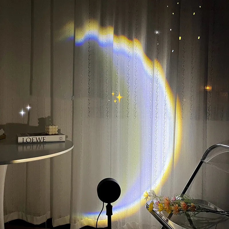 USB-powered moon projector lamp with Scandinavian design projecting rainbow pattern on wall