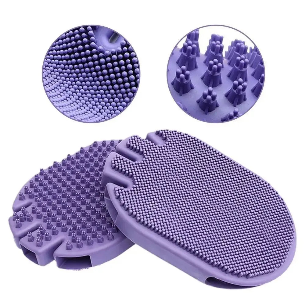Purple pet grooming brush with dual-sided design and ergonomic handle for dog and cat bathing