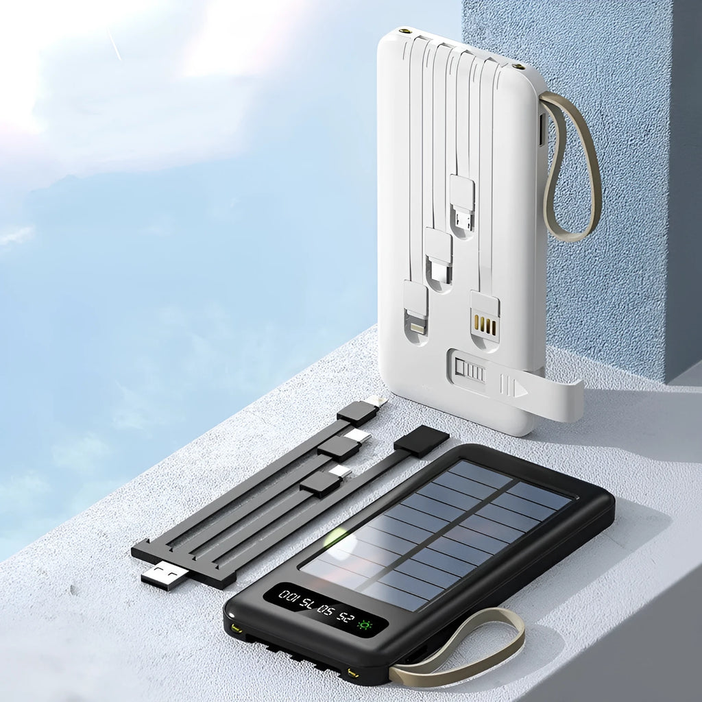 Black and white solar power bank showing front solar panel, dimensions 144mm x 68mm x 16mm, with included USB cable.