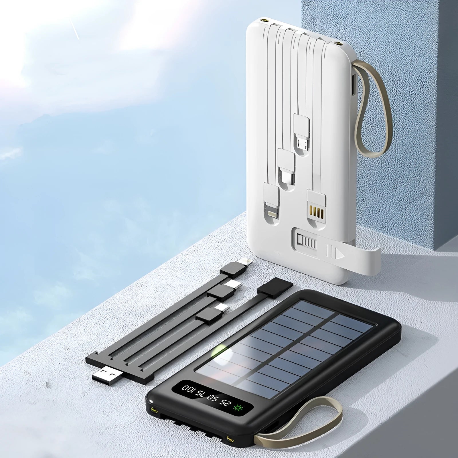 Black and white solar power bank showing front solar panel, dimensions 144mm x 68mm x 16mm, with included USB cable.