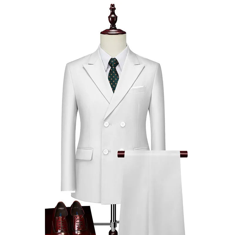 Men's double-breasted corduroy and linen suit set in dark blue, slim fit, with coat and trousers.
