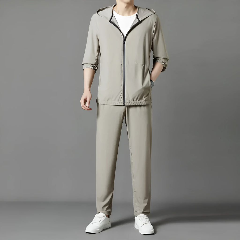 Korean loose hooded sun-protective clothing suit in grey, blue, or black.