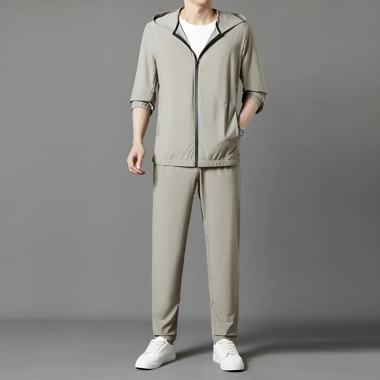 Korean loose hooded sun-protective clothing suit in grey, blue, or black.