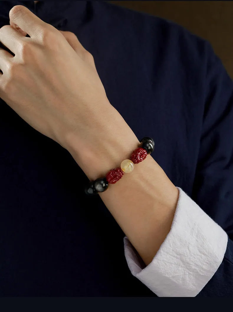Carved cinnabar beads bracelet with gold zodiac charm in gift box