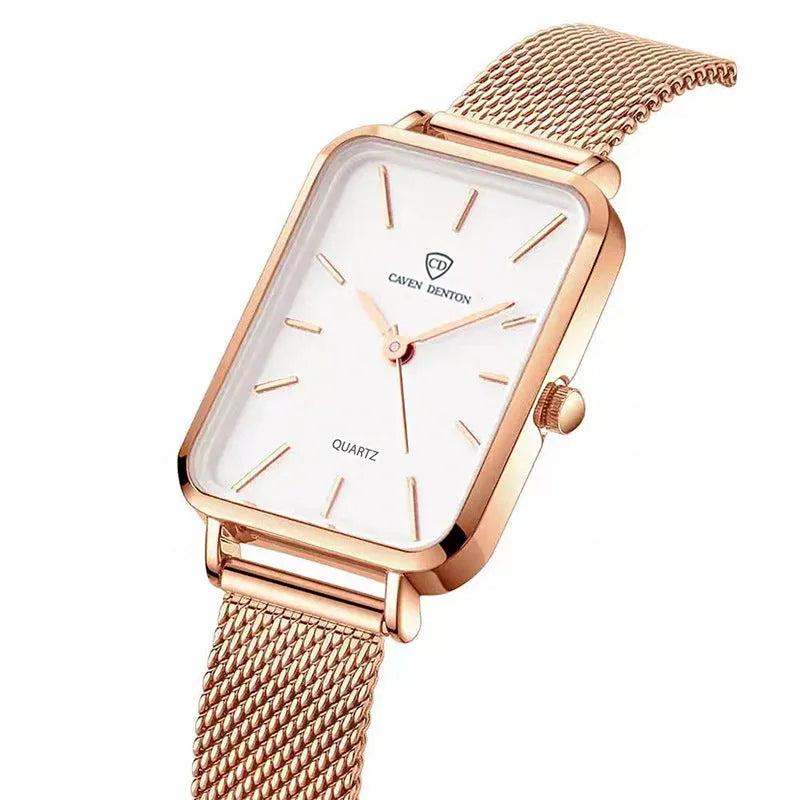 Rose gold or silver women's waterproof quartz watch with alloy case and woven steel strap.