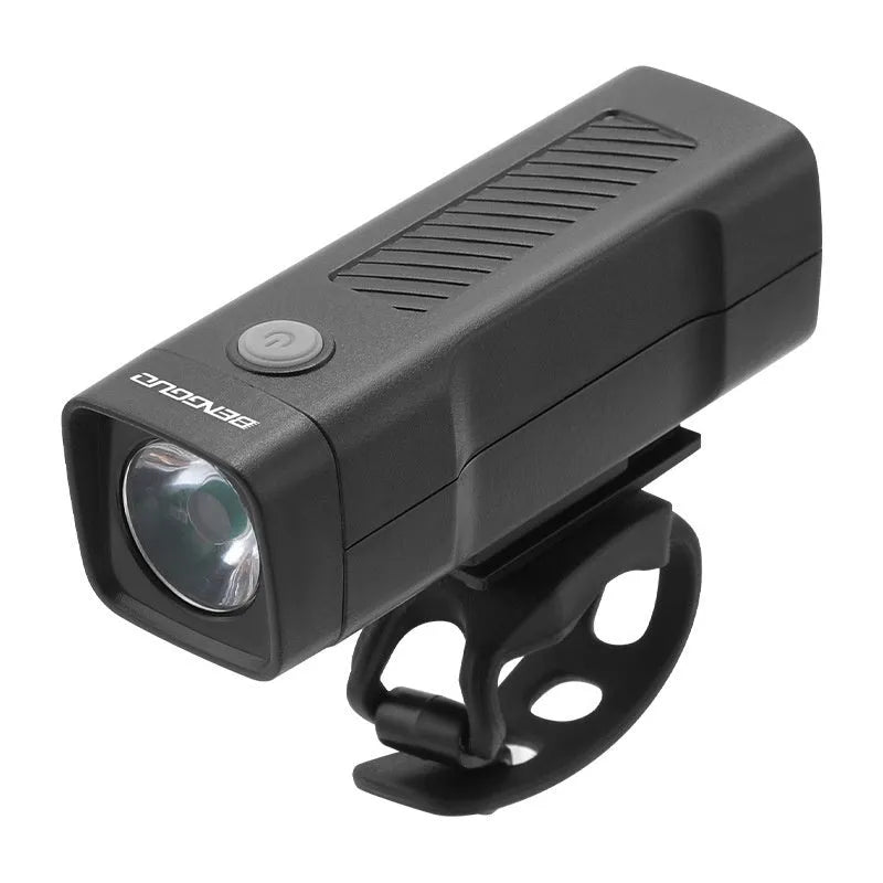 USB rechargeable bicycle headlight with LED lamp and quick release strap bracket on handlebars.