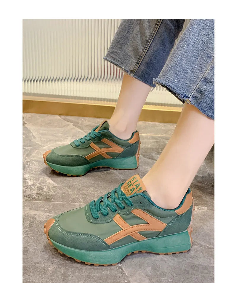 Women's beige casual dad sports shoes with cross shoulder strap, breathable mesh and PU upper, flat heel