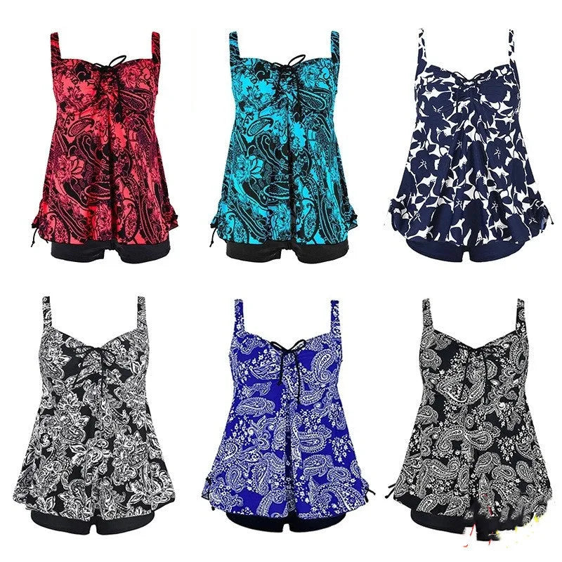 Plus size two-piece swimwear set in polyester with hedging detail, available in Leaf, Green, Blue, and Red, sizes XL to 6XL.