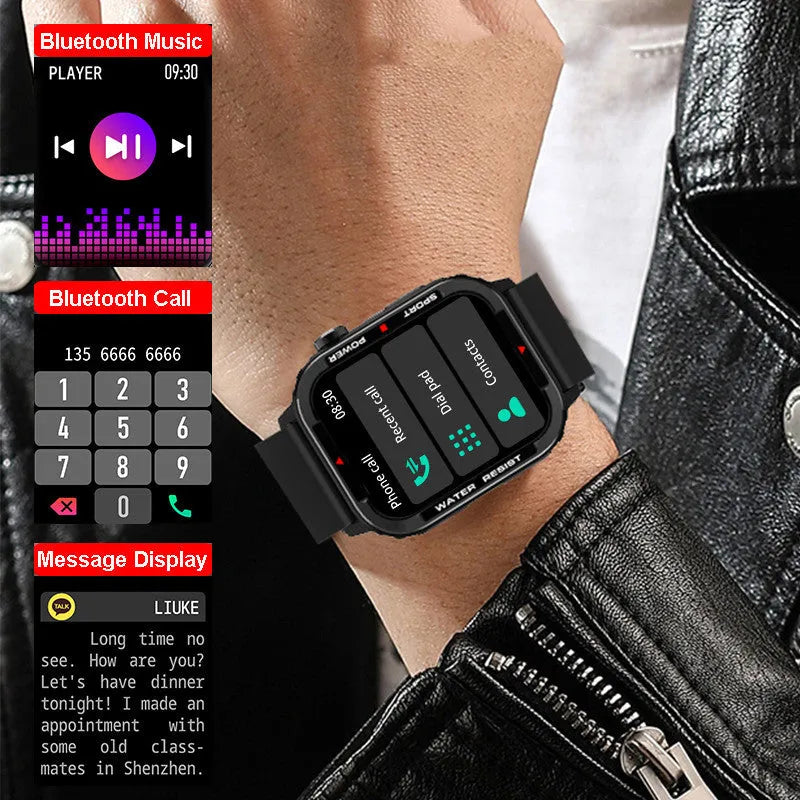 Bluetooth sports smartwatch 1.85 inch screen blood pressure blood oxygen monitoring IP67 waterproof black