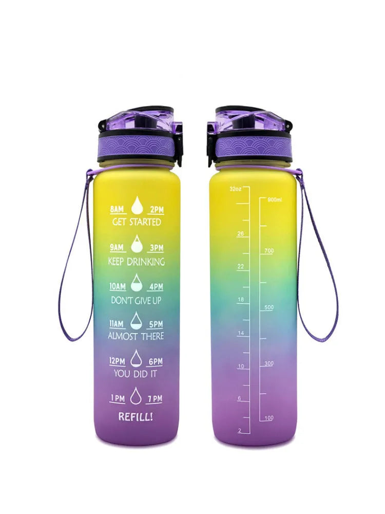 Transparent 1000ml plastic water bottle showing clear Tritan construction with visible liquid