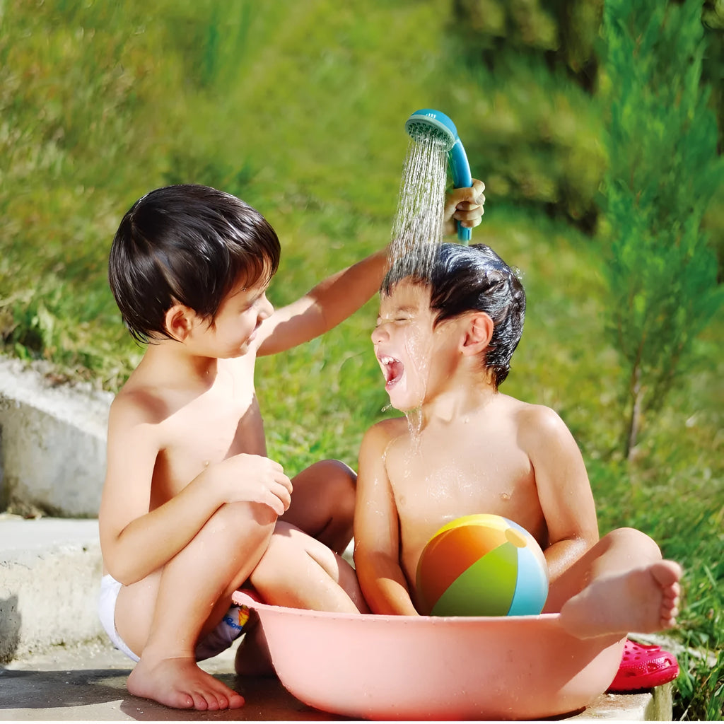 Outdoor electric portable shower in bright orange and yellow with ABS body and 1.8m PVC hose