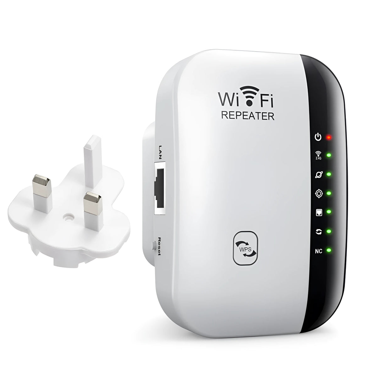 Black third generation WiFi network extender with ABS plastic body and UK plug