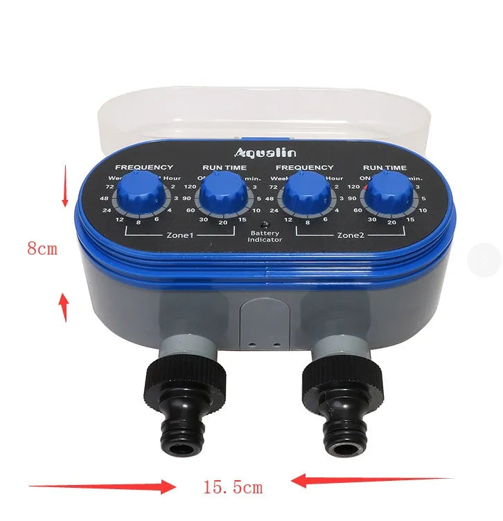Dual Timed Irrigation Controller automatic garden watering device with battery compartment and hose connections