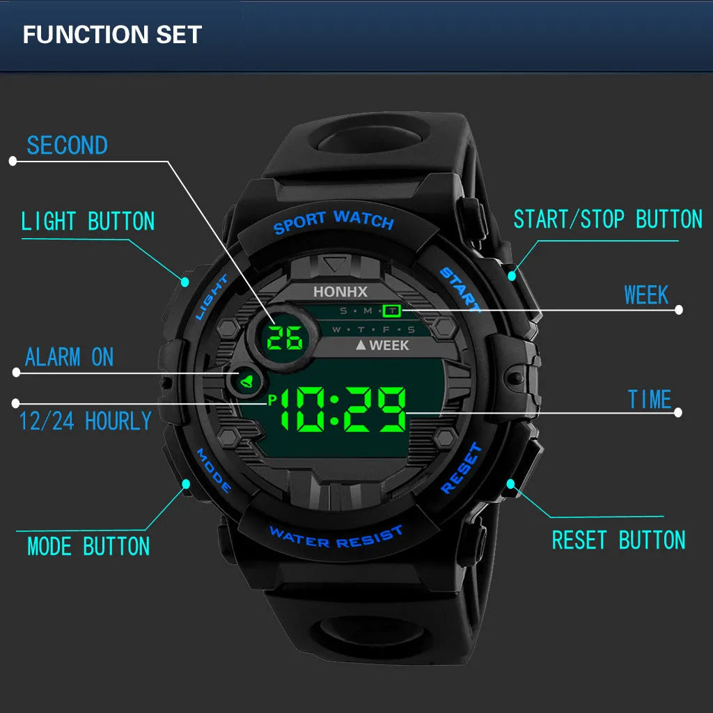 Digital watch with calendar alarm stopwatch LED display round resin case 43mm PU strap black blue red