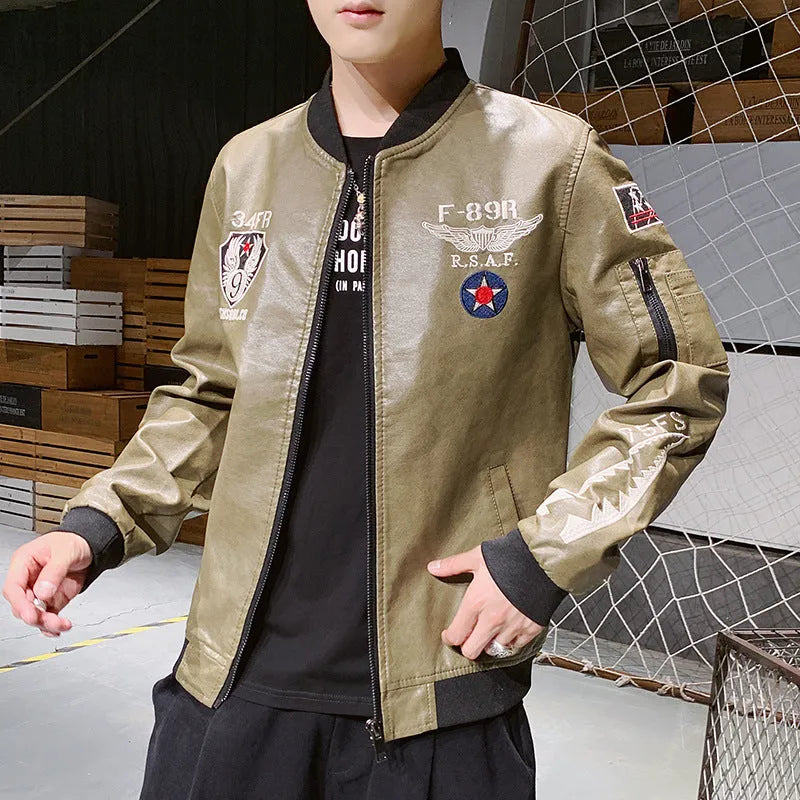 Men's embroidered PU leather motorcycle jacket with standing collar and zipper front in khaki