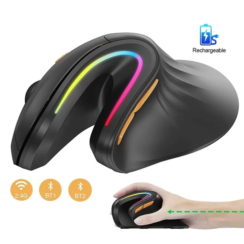 Black vertical ergonomic Bluetooth mouse with RGB lighting on office desk