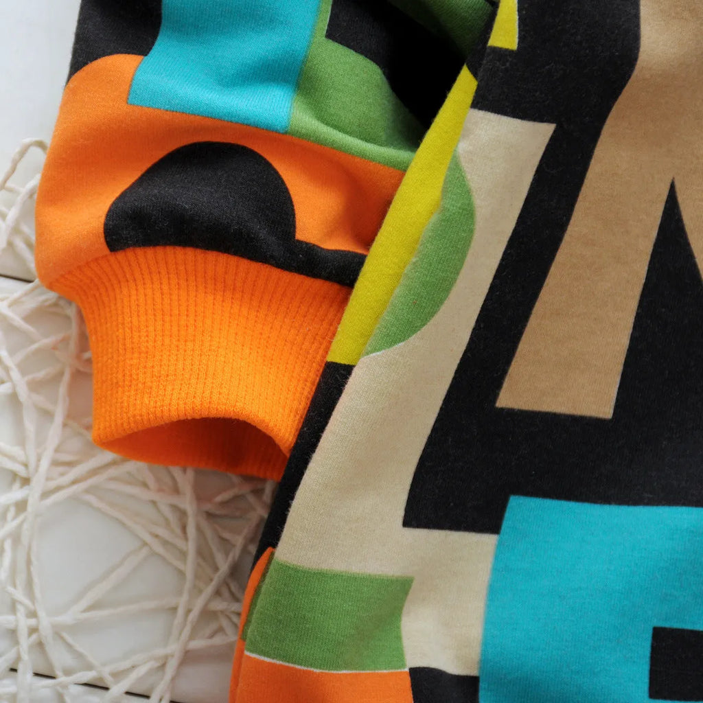 Children's cotton cartoon two-piece suit with pullover sweater and trousers in green and orange
