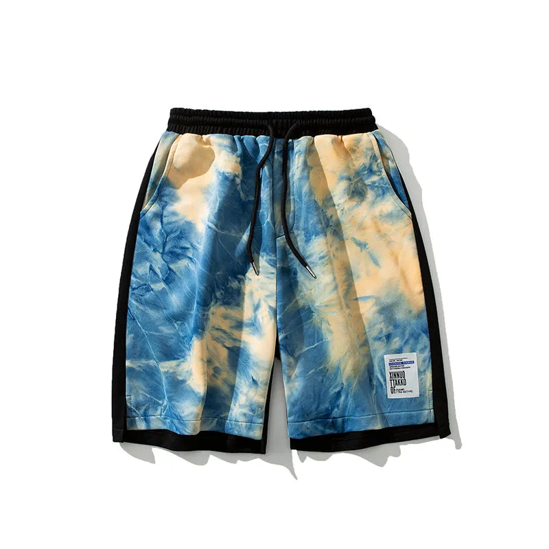 Men's tie-dye drawstring loose fit summer shorts in grey, cotton blend five-point pants