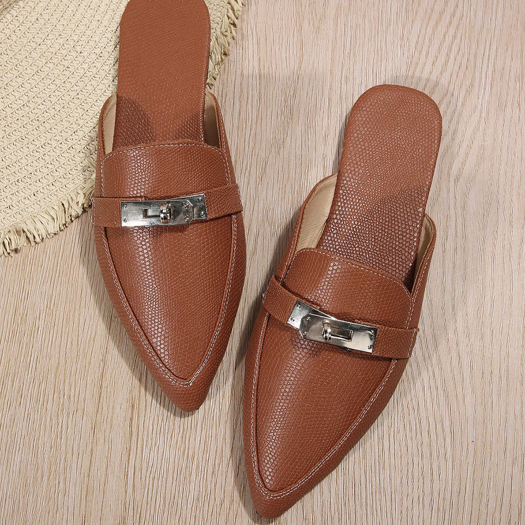 Light brown women's pointed toe slip-on shoes with low heel and rubber sole