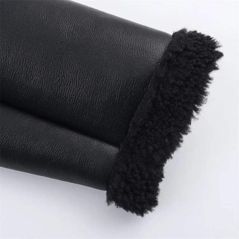 Women's double-sided fleece jacket black reversible casual PU fabric medium thickness