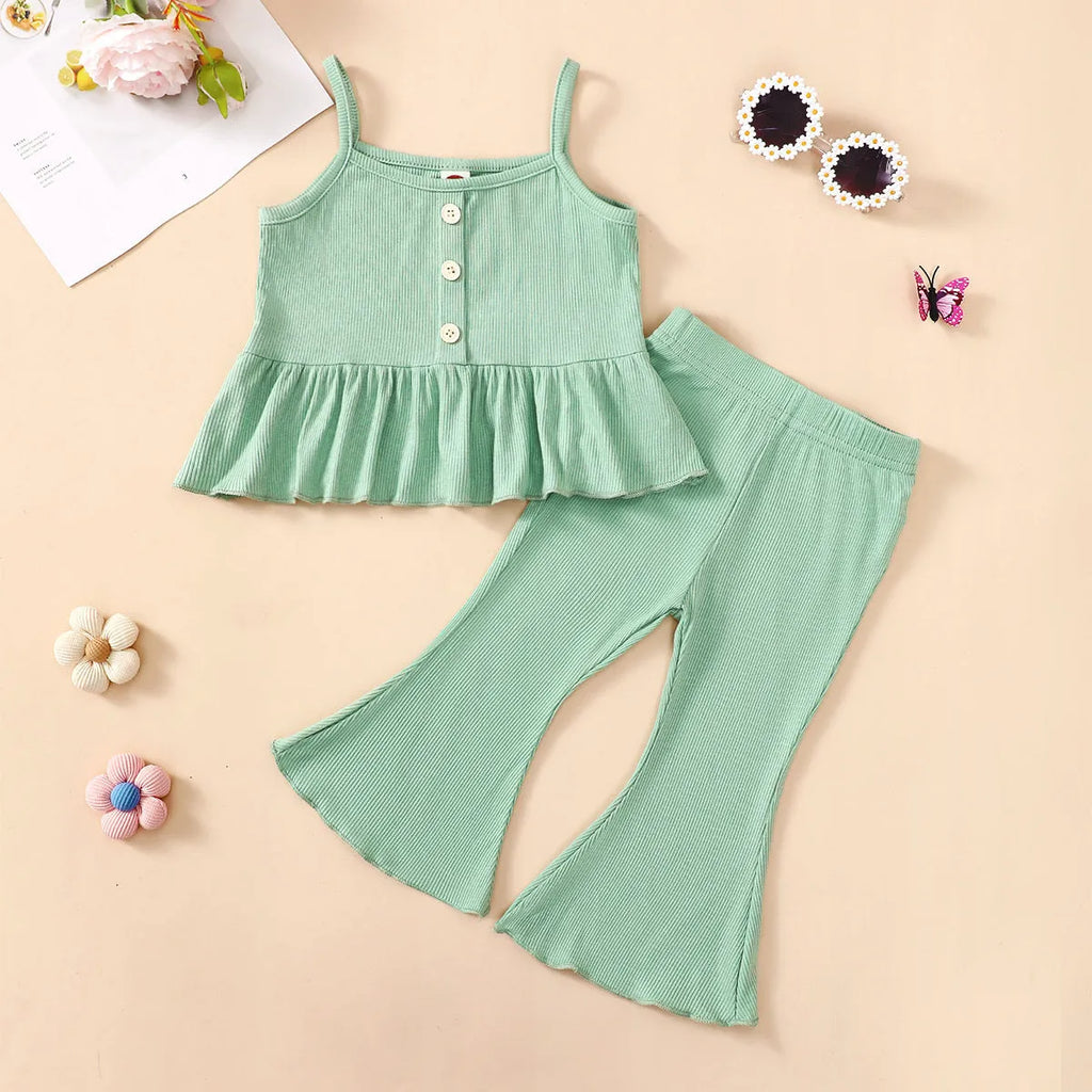 Girls cotton tricolor overall dress set in ocean green with shirt and pants, front view