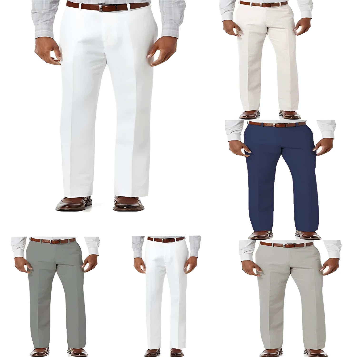 Men's beige white linen-cotton casual trousers with slant pockets laid flat.