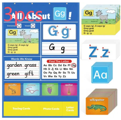 Large blue alphabet learning chart for children with word, letter, and picture cards spread on its PVC surface.