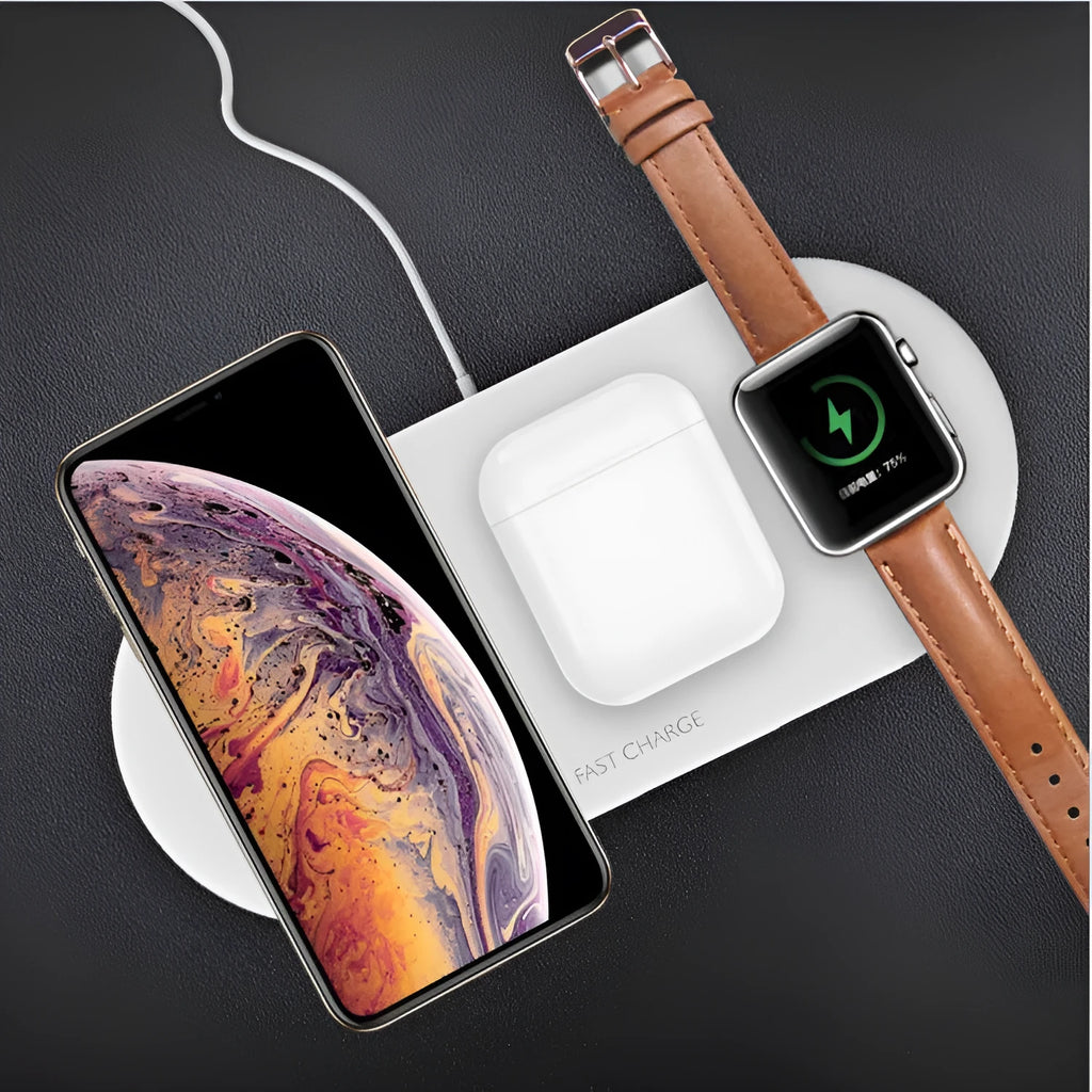 Black three-in-one wireless charging station for Apple Watch, iPhone, and headphones on a desk.