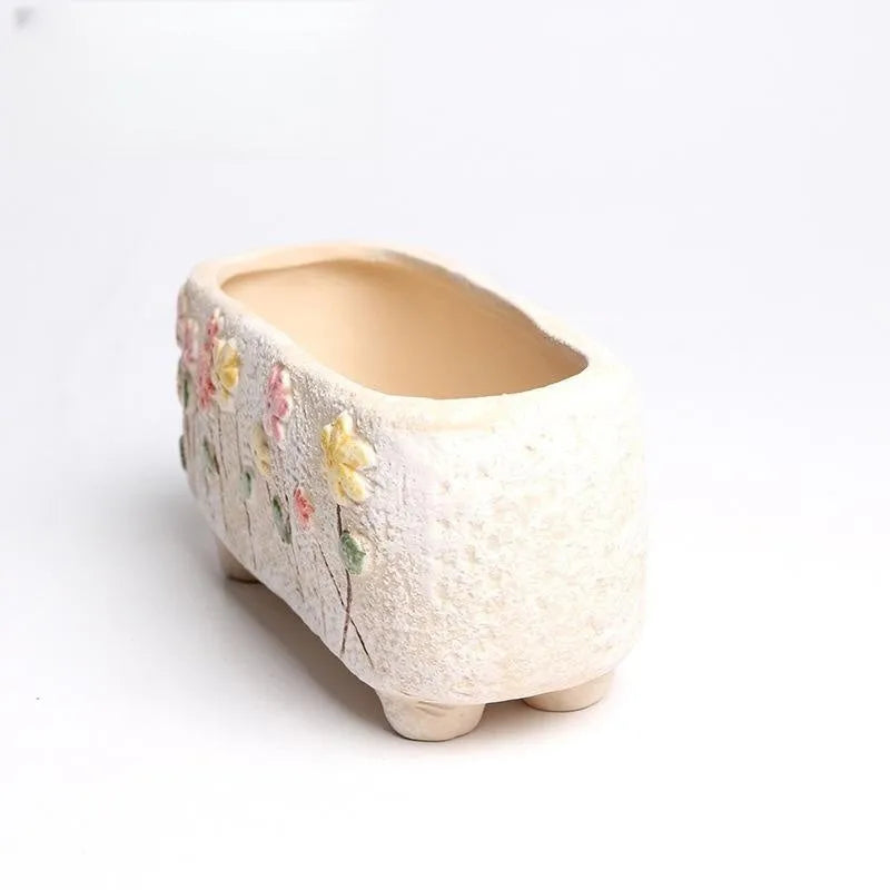 Hand-painted rectangular ceramic flower pot for succulents measuring 13.7cm long by 6.2cm wide