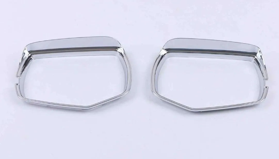 Set of ABS plastic mirror covers for Cadillac CT5 and CT6 in carbon fibre, silver, and rain frame finishes.