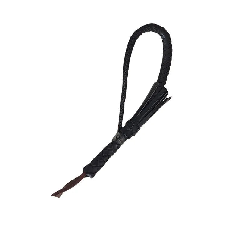 Brown cowhide woven horsewhip, 85cm long, leather equestrian and farm tool