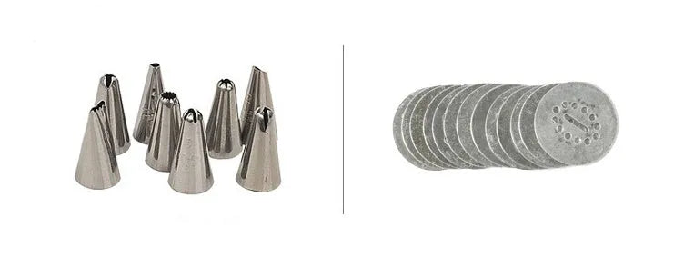 Stainless steel biscuit press cookie gun with assortment of metal cookie molds and piping nozzles