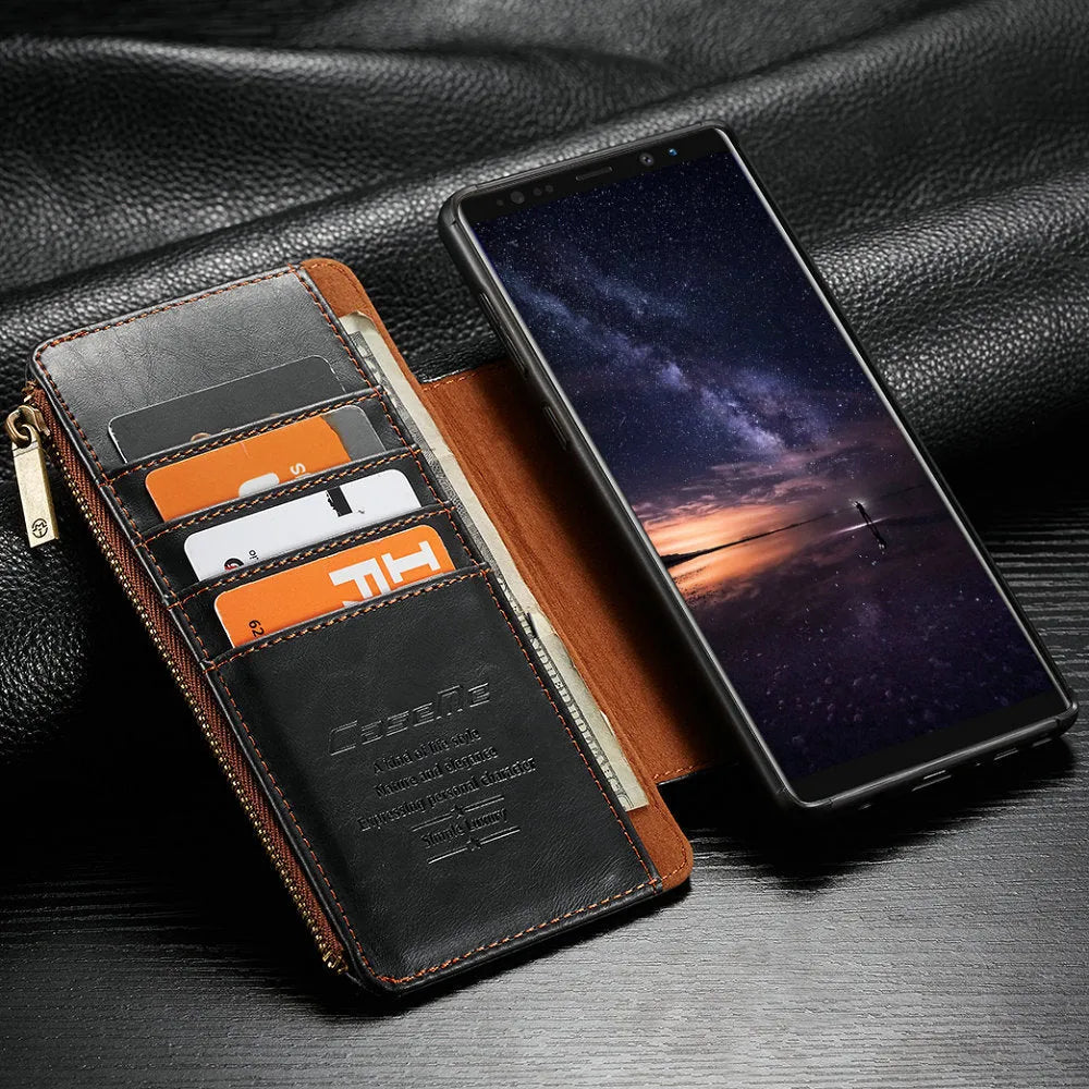 Black PU leather flip phone case for SAMSUNG Note9 showing front and back views