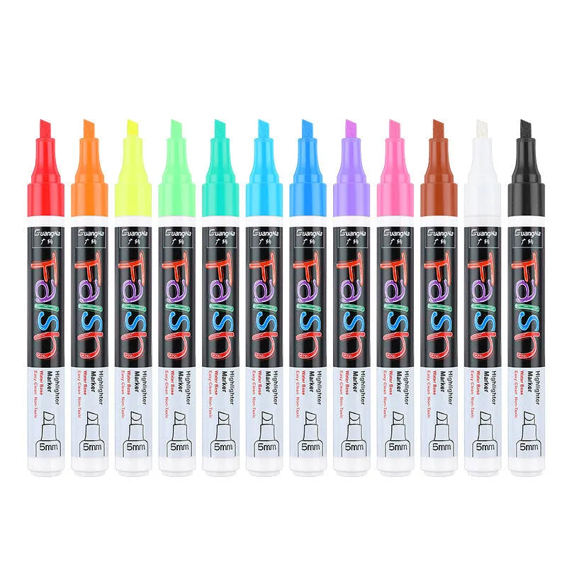 Electronic fluorescent board highlighter pen with plastic shell and oblique tip, shown in 8 colour refill set.