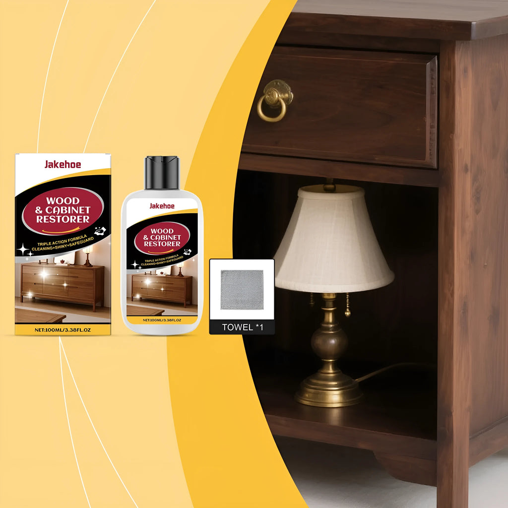 100ml bottle of wooden furniture scratch care agent with a microfibre towel on a wooden table.
