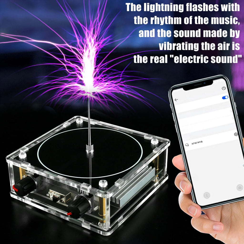 Music Tesla Coil with adjustable lightning arc, Bluetooth loudspeaker, and compact desktop design
