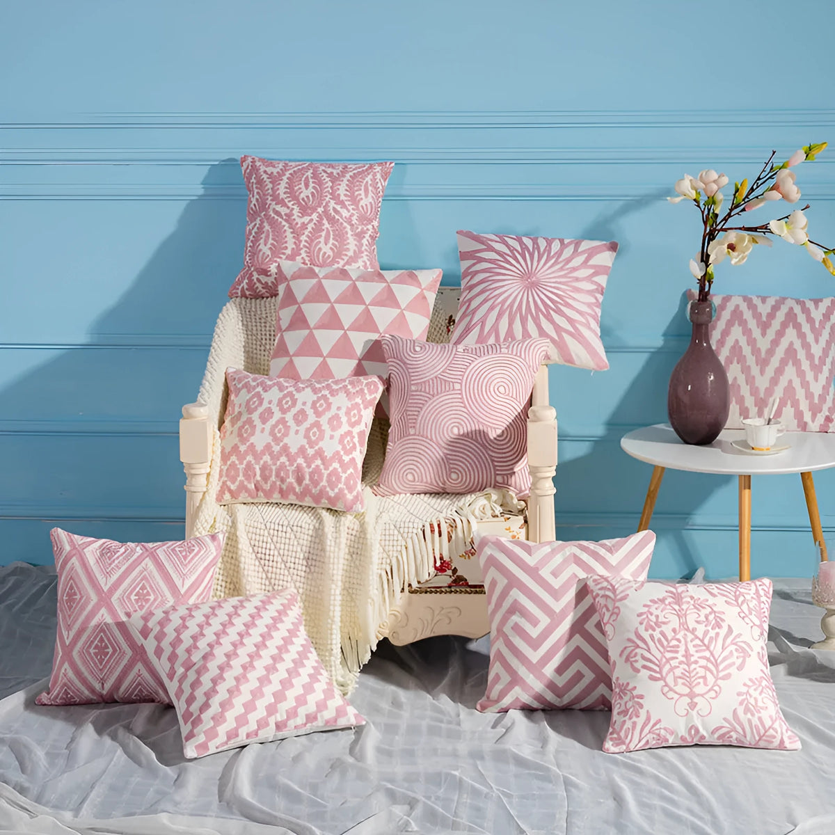 45x45cm cotton embroidered pillowcase with single-sided geometric pattern and invisible zipper